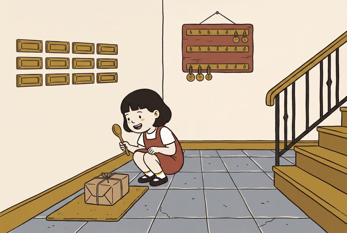 Pim in the Hall of Tocko beside the letterboxes and tapper board.
